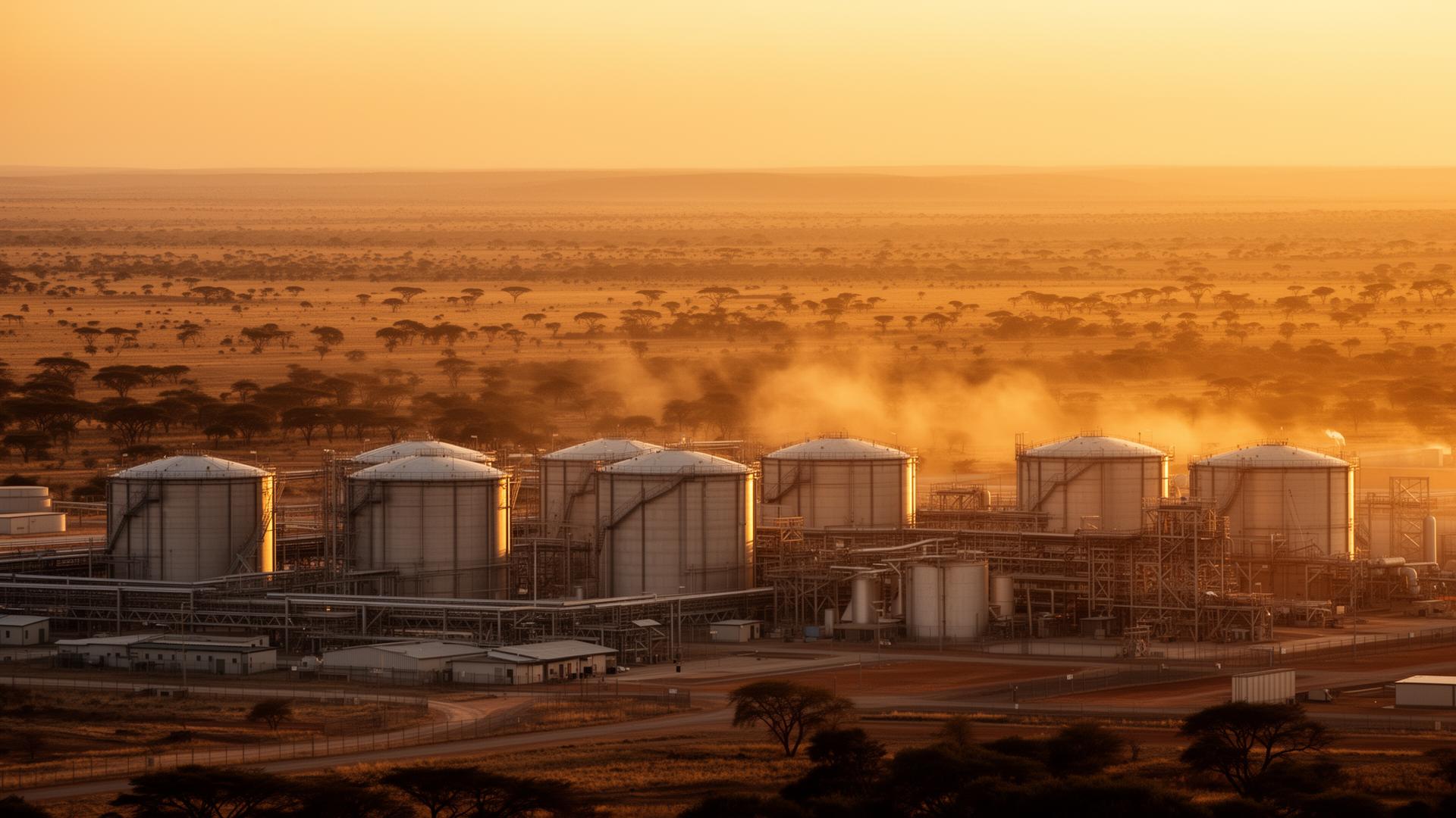 African industrial energy facility at golden hour
